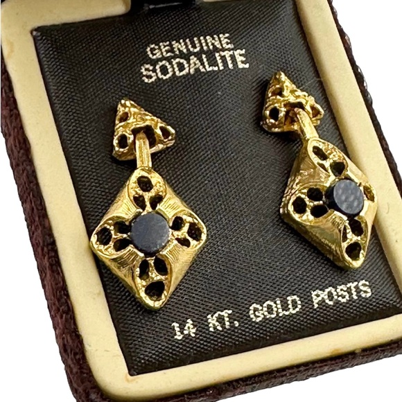 Vintage Genuine Sodalite Stone 14K Gold Post Drop Earrings - Picture 1 of 5